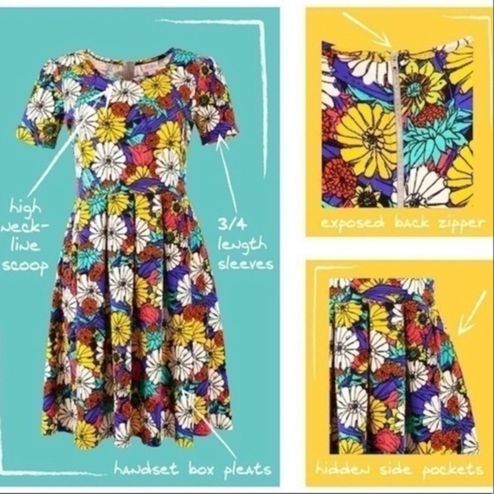 New LuLaRoe Black With Tropical Lily Flowers Amelia Fit Flare Skater Dress Sz M - Picture 5 of 17